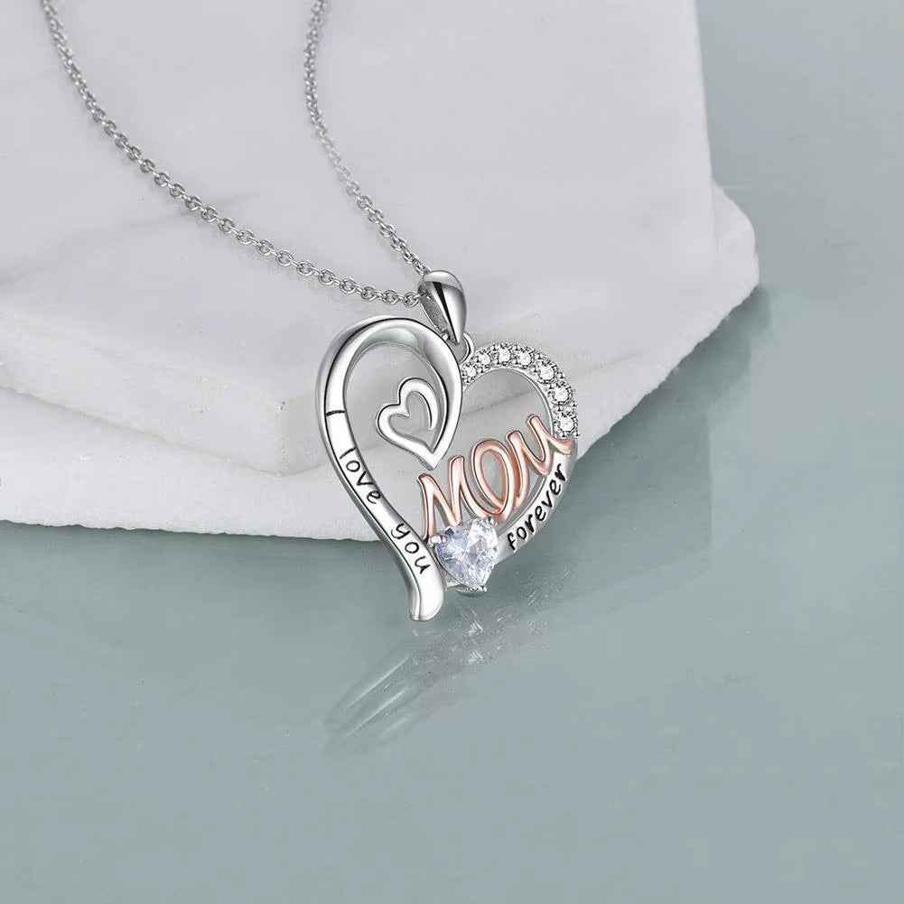 Fashion Mom Bicolor Necklace Heart Zircon Pendant Engagement Necklaces Fro Women Princess Jewelry Birthday Anniversary Gift
